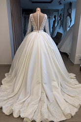 Elegant White Ball Gown Princess V-neck Wedding Dress with Long Sleeves